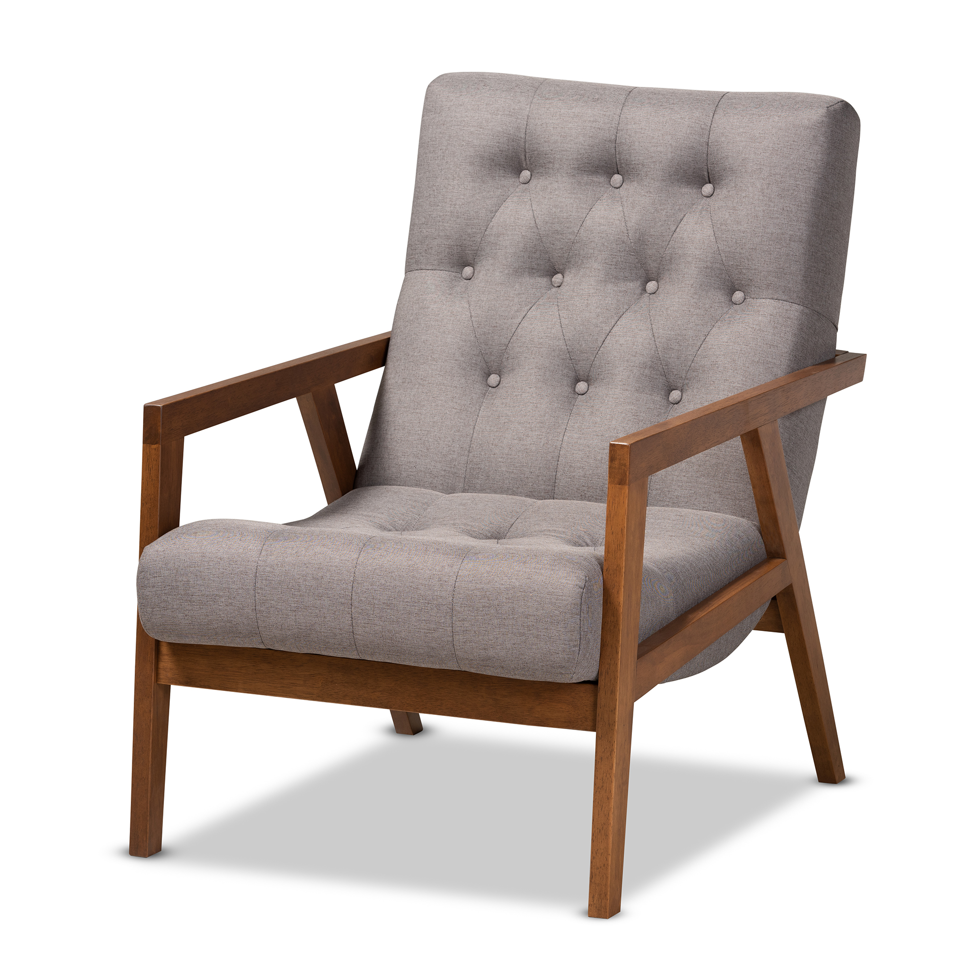 Baxton Studio Naeva Mid-Century Modern Grey Fabric Upholstered Walnut Finished Wood Armchair